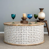 Bristol Hand Carved Indian Solid Wood Round Coffee Table With Jali (White Natural)